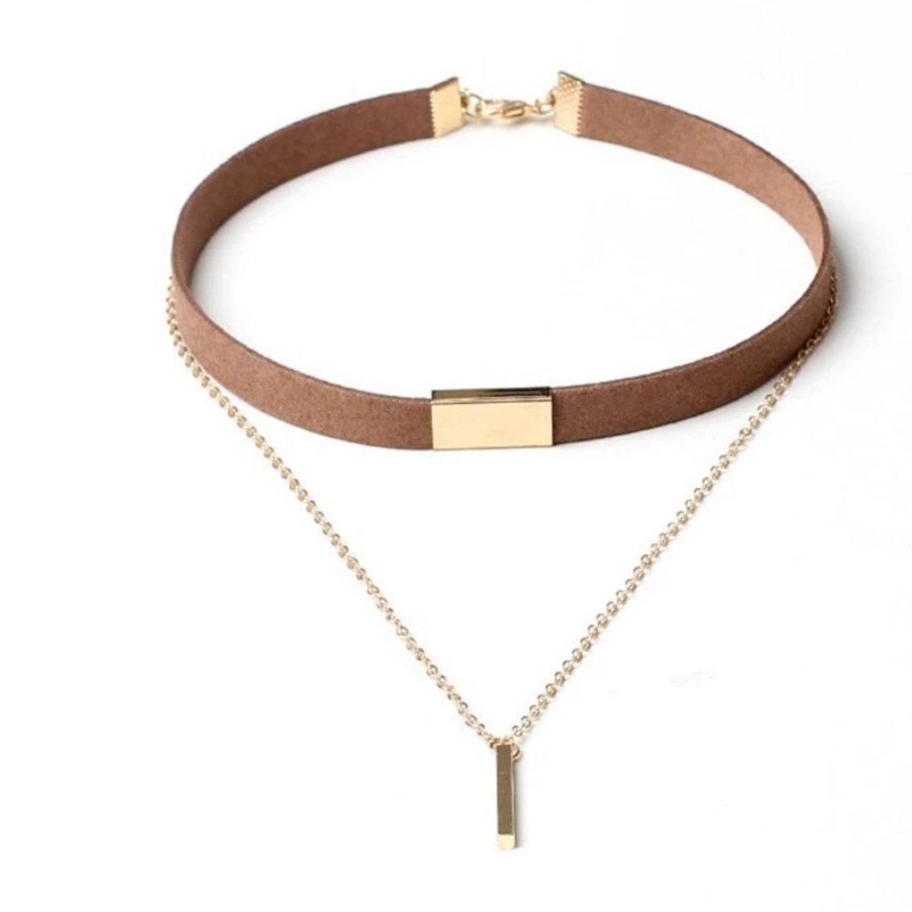 Brown and Gold Choker with Bar Pendant